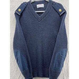 Vtg Iron Run Sweater Mens 42 Military 100% Virgin Wool Navy Blue Elbow Patches